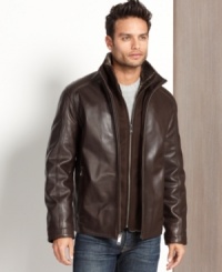 Heat up in cool-style with this warm, Marc New York smooth leather jacket with faux-fur trimmed bib. Heat up in cool-style with this warm, Marc New York smooth leather jacket with faux-fur trimmed bib.