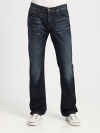 A neat, straight-leg silhouette is enhanced with back flap pockets and generous whiskering and fading throughout the leg to capture the signature look of well-worn denim.Five-pocket styleInseam, about 34CottonMachine washMade in USA