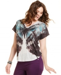 Let your style soar with Eyeshadow's short sleeve plus size top, featuring a sequined butterfly print.