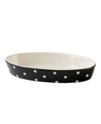 Make no stops from the oven to the table with this elegant oval dish. Adorned with a classic hand-painted dot pattern on a fun range of mix and match colors. Make no stops from the oven to the table with this elegant oval dish. Adorned with a classic hand-painted dot pattern on a fun range of mix and match colors.