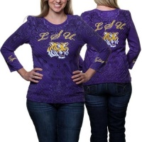 NCAA LSU Tigers Womens Allover Paisley Print Three-Quarter Sleeve Rhinestone T-Shirt - Purple NCAA LSU Tigers Womens Allover Paisley Print Three-Quarter Sleeve Rhinestone T-Shirt - Purple