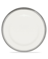 A lacy platinum pattern and bands make this bread and butter plate shine in any setting. From Noritake dinnerware, the dishes of this set are glazed white porcelain. A lacy platinum pattern and bands make this bread and butter plate shine in any setting. From Noritake dinnerware, the dishes of this set are glazed white porcelain.