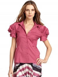 THE LOOKShirt collarShort puff sleeves with twisted detailFront button closureFront and back seamsTHE FITAbout 25 from shoulder to hemTHE MATERIAL72% cotton/24% nylon/4% elastaneCARE & ORIGINDry cleanImportedModel shown is 5'10½ (179cm) wearing US size 4. THE LOOKShirt collarShort puff sleeves with twisted detailFront button closureFront and back seamsTHE FITAbout 25 from shoulder to hemTHE MATERIAL72% cotton/24% nylon/4% elastaneCARE & ORIGINDry cleanImportedModel shown is 5'10½ (179cm) wearing US size 4.