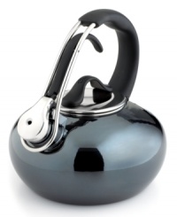 This innovative tea kettle throws you for a loop with its polished enamel coating that brings a little excitement and color to your kitchen. With a sweeping handle that arcs high above its body, this kettle knows the importance of high design and total functionality. The clever bell-shaped design helps induce heat for faster boiling. Limited warranty. This innovative tea kettle throws you for a loop with its polished enamel coating that brings a little excitement and color to your kitchen. With a sweeping handle that arcs high above its body, this kettle knows the importance of high design and total functionality. The clever bell-shaped design helps induce heat for faster boiling. Limited warranty.