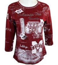 P-Michael Collegiate Apparel Women's Fashion Top, 3/4 Sleeve, Scoop Neck, Vividly Printed in School Colors, School Name Accented in Rhinestones - Mississippi State P-Michael Collegiate Apparel Women's Fashion Top, 3/4 Sleeve, Scoop Neck, Vividly Printed in School Colors, School Name Accented in Rhinestones - Mississippi State