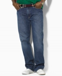 Classic-fitting jean in dark washed cotton denim. Classic-fitting jean in dark washed cotton denim.