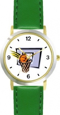 Basketball, Hoop, Backboard, Swish Basketball Theme - WATCHBUDDY® DELUXE TWO-TONE THEME WATCH - Arabic Numbers - Green Leather Strap-Women's Size-Small