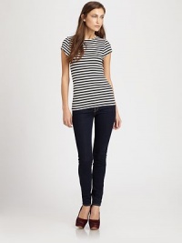 Go graphic in this eye-popping striped top finished with a hint of stretch and an exposed back zipper.RoundneckShort sleevesFlat frontCenter back zipperAbout 24 from shoulder to hem94% rayon/6% elastaneDry cleanImportedModel shown is 5'10 (177cm) wearing US size Small. Go graphic in this eye-popping striped top finished with a hint of stretch and an exposed back zipper.RoundneckShort sleevesFlat frontCenter back zipperAbout 24 from shoulder to hem94% rayon/6% elastaneDry cleanImportedModel shown is 5'10 (177cm) wearing US size Small.