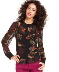 A sequined peter-pan collar adds unexpected shine to this Kensie butterfly-print blouse -- perfect for adding a pop of pattern to your look! A sequined peter-pan collar adds unexpected shine to this Kensie butterfly-print blouse -- perfect for adding a pop of pattern to your look!