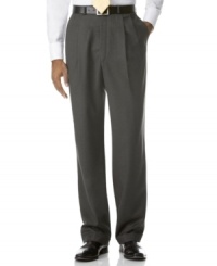 Stand for tradition. Classic double-pleat pant has a handsome drape and timeless style that looks great on its own or paired with the two-button blazer for an elegant suit. Engineered Waistband: Can stretch one inch on each side. On-seam pockets. Button-through back pockets. Finished with a 1.5 cuff. Stand for tradition. Classic double-pleat pant has a handsome drape and timeless style that looks great on its own or paired with the two-button blazer for an elegant suit. Engineered Waistband: Can stretch one inch on each side. On-seam pockets. Button-through back pockets. Finished with a 1.5 cuff.