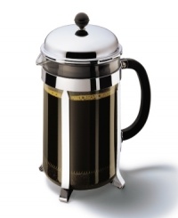 The coffee press has long been recognized as one of the best ways to brew coffee for that rich, aromatic flavor. This classic design makes 2 to 12 cups of coffee in just 4 minutes. Patented safety lid, stainless steel filter system and glass beaker. Stay cool handle and top knob. Holds 51-oz.; measures 9-1/2¿ H x 7¿ W (including handle) x 4-3/4 D. Two year limited warranty. The coffee press has long been recognized as one of the best ways to brew coffee for that rich, aromatic flavor. This classic design makes 2 to 12 cups of coffee in just 4 minutes. Patented safety lid, stainless steel filter system and glass beaker. Stay cool handle and top knob. Holds 51-oz.; measures 9-1/2¿ H x 7¿ W (including handle) x 4-3/4 D. Two year limited warranty.