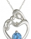 XPY 10k White Gold Blue Topaz Diamond-Accent Mother's Jewel Heart Pendant Necklace, 18