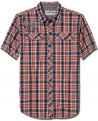 Spread your style wings. Your casual wardrobe will take flight with this bold plaid shirt from DKNY Jeans. Spread your style wings. Your casual wardrobe will take flight with this bold plaid shirt from DKNY Jeans.