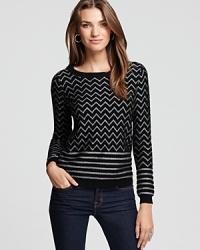 A metallic zig zag chevron enriches this Joie sweater with subtle sparkle and texture in a soft wool blend. A metallic zig zag chevron enriches this Joie sweater with subtle sparkle and texture in a soft wool blend.