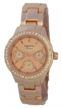 Geneva Quartz Chronograph-style Look Rhinestone on Bezel Rose Gold Metal Band Geneva Quartz Chronograph-style Look Rhinestone on Bezel Rose Gold Metal Band