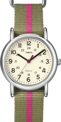 Timex Women?s T2N917 Weekender Mid-Size Slip-Thru Olive Green with Pink Stripe Nylon Strap Watch Timex Women?s T2N917 Weekender Mid-Size Slip-Thru Olive Green with Pink Stripe Nylon Strap Watch