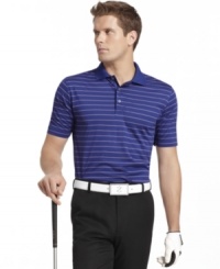 With moisture wicking technology and UV protection, this striped Izod golf polo looks and feels good on the green. With moisture wicking technology and UV protection, this striped Izod golf polo looks and feels good on the green.