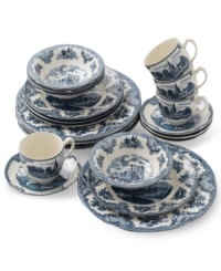Fit for a king, the Old Britain Blue dinnerware set stirs up images of the old world with elaborate landscapes in ivory earthenware. Gently scalloped edges and lavish floral trim add to its regal sensibility. Fit for a king, the Old Britain Blue dinnerware set stirs up images of the old world with elaborate landscapes in ivory earthenware. Gently scalloped edges and lavish floral trim add to its regal sensibility.