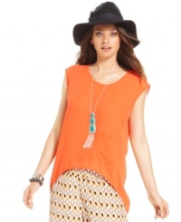 An unexpectedly placed patch pocket & asymmetrical hi-lo hem ups the edge on this Bar III top -- perfect for adding style to your summer look! An unexpectedly placed patch pocket & asymmetrical hi-lo hem ups the edge on this Bar III top -- perfect for adding style to your summer look!