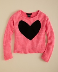 Flower by Zoe turns up the neon love with a light-knit sweater sporting a large black heart print and a quirky asymmetrical hem. Flower by Zoe turns up the neon love with a light-knit sweater sporting a large black heart print and a quirky asymmetrical hem.
