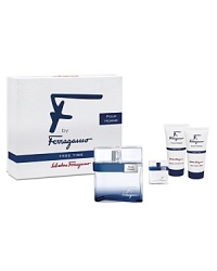 The F by Ferragamo Free Time Casual Friday Coffret includes a 3.4 oz. Eau de Toilette Spray, 0.2 oz. Deluxe Miniature Spray, 1.7 oz. Shampoo & Shower Gel, and 1.7 oz. After Shave. The F by Ferragamo Free Time Casual Friday Coffret includes a 3.4 oz. Eau de Toilette Spray, 0.2 oz. Deluxe Miniature Spray, 1.7 oz. Shampoo & Shower Gel, and 1.7 oz. After Shave.