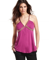 A tank top gets an edgy update with chain trim in this Cable & Gauge look. Take it from day to night when you pair it with skinny black pants! A tank top gets an edgy update with chain trim in this Cable & Gauge look. Take it from day to night when you pair it with skinny black pants!