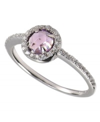 Pretty in pink. This stunning ring by CRISLU features an amethyst-colored, faceted cubic zirconia (5/8 ct. t.w.) accented by sparkling clear cubic zirconias. Set in platinum over sterling silver. Nickel-free for sensitive skin. Size 6, 7, and 8. Pretty in pink. This stunning ring by CRISLU features an amethyst-colored, faceted cubic zirconia (5/8 ct. t.w.) accented by sparkling clear cubic zirconias. Set in platinum over sterling silver. Nickel-free for sensitive skin. Size 6, 7, and 8.