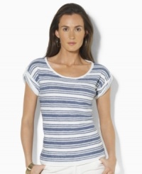 Utilitarian-inspired buttons at the shoulders and a soft knit construction make this Lauren by Ralph Lauren top a wardrobe essential. Utilitarian-inspired buttons at the shoulders and a soft knit construction make this Lauren by Ralph Lauren top a wardrobe essential.