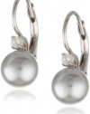 Sterling Silver 8mm Gray Shell Pearl and Cubic Zirconia Lever Back Earrings