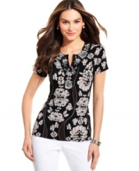 Soft, romantic flowers blossom on a fluid stretch jersey top from Alfani. Chic beading at the split neckline adds a stylish twist to this flirty basic. Soft, romantic flowers blossom on a fluid stretch jersey top from Alfani. Chic beading at the split neckline adds a stylish twist to this flirty basic.
