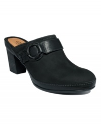 With their round buckle hardware and round-toe silhouette, you'll come full circle with Clarks' Gallery Quill leather clogs. Made in leather with a low stacked heel, they're a casual classic you'll love to wear again and again. With their round buckle hardware and round-toe silhouette, you'll come full circle with Clarks' Gallery Quill leather clogs. Made in leather with a low stacked heel, they're a casual classic you'll love to wear again and again.