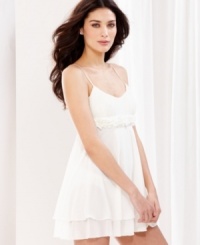 Indulge your romantic side with a charming chemise featuring flirty femme details. Rosette accents and a sweet ruffle hem give this design dream-worthy appeal. Indulge your romantic side with a charming chemise featuring flirty femme details. Rosette accents and a sweet ruffle hem give this design dream-worthy appeal.