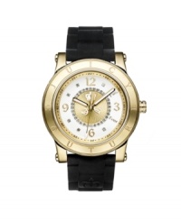 A timepiece with a royal pedigree of its own, by Juicy Couture. HRH watch crafted of black synthetic jelly strap and round gold-plated stainless steel case. Bezel etched with logo. White dial with inner textured gold tone dial crystallized with Swarovski elements features applied gold tone numerals, numeral text at two and four o'clock, black minute track, three hands and logo. Quartz movement. Water resistant to 30 meters. Two-year limited warranty. A timepiece with a royal pedigree of its own, by Juicy Couture. HRH watch crafted of black synthetic jelly strap and round gold-plated stainless steel case. Bezel etched with logo. White dial with inner textured gold tone dial crystallized with Swarovski elements features applied gold tone numerals, numeral text at two and four o'clock, black minute track, three hands and logo. Quartz movement. Water resistant to 30 meters. Two-year limited warranty.
