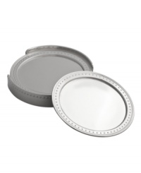 Echoing the elegant details of a wedding dress, Vera Wang's Grosgrain drink coasters and coordinating caddy marry clean lines in a lavish silver plate with ribbon-inspired trim. Echoing the elegant details of a wedding dress, Vera Wang's Grosgrain drink coasters and coordinating caddy marry clean lines in a lavish silver plate with ribbon-inspired trim.