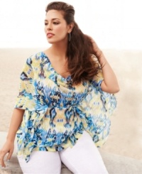 Make a statement this season with INC's batwing sleeve plus size top, featuring a vivid Ikat print. Make a statement this season with INC's batwing sleeve plus size top, featuring a vivid Ikat print.