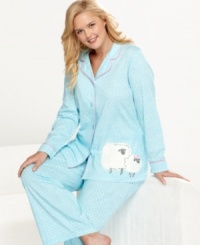The pink trim on Hue's Sheep notch collar pajamas provides the perfect contrast against the aqua and white pattern, setting the scene for the cute sheep screen print on the left hip. The full-length pants are super comfy. The pink trim on Hue's Sheep notch collar pajamas provides the perfect contrast against the aqua and white pattern, setting the scene for the cute sheep screen print on the left hip. The full-length pants are super comfy.