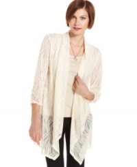 This chic cardigan from Style&co. is crafted sheer for a lace-like effect that is a feminine finishing touch to so many ensembles! This chic cardigan from Style&co. is crafted sheer for a lace-like effect that is a feminine finishing touch to so many ensembles!