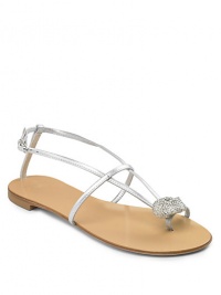 THE LOOKMetallic leather strapsAnkle strap with buckle closureToe and heel strapRhinestone and metal knot detailStacked heelTHE FITHeel ¼ (5mm)THE MATERIALLeatherLeather lining and soleORIGINMade in Italy THE LOOKMetallic leather strapsAnkle strap with buckle closureToe and heel strapRhinestone and metal knot detailStacked heelTHE FITHeel ¼ (5mm)THE MATERIALLeatherLeather lining and soleORIGINMade in Italy