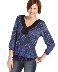 A bright geometric print and crochet-like trim at the neck give Style&co.'s top a fun spin that goes perfectly with your favorite jeans. A bright geometric print and crochet-like trim at the neck give Style&co.'s top a fun spin that goes perfectly with your favorite jeans.