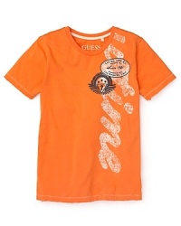 Blending distressed print, contrast stitching and a classic crewneck style, this tee updates his everyday wardrobe. Blending distressed print, contrast stitching and a classic crewneck style, this tee updates his everyday wardrobe.