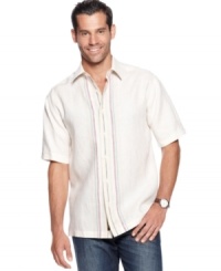 Classic and carefree. Cubavera's linen shirt features stitched detailing at the front for a subtle hint of color. Classic and carefree. Cubavera's linen shirt features stitched detailing at the front for a subtle hint of color.