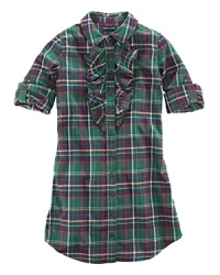The essential shirtdress is rendered in an ultra-comfortable cotton flannel in a preppy plaid design with pretty ruffles. The essential shirtdress is rendered in an ultra-comfortable cotton flannel in a preppy plaid design with pretty ruffles.