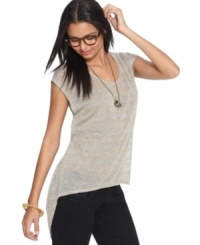 Subtle sparkly stripes & an asymmetrical hi-lo hem up the style factor on this Bar III top -- an easy addition to make your outfit! Subtle sparkly stripes & an asymmetrical hi-lo hem up the style factor on this Bar III top -- an easy addition to make your outfit!