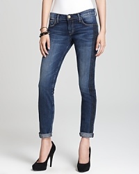 Lace tuxedo stripes gives these Current/Elliott skinny jeans dressed-up style. Lace tuxedo stripes gives these Current/Elliott skinny jeans dressed-up style.