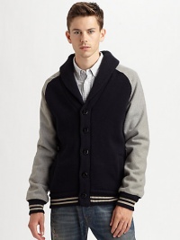 With inspirations from the game itself, this silhouette makes a major league style statement on and off the field, shaped with a contrast knit body and woven sleeves for a cozy, comfortable fit.Button-frontShawl collarSide slash pocketsRibbed knit cuffs and hemAbout 31 from shoulder to hemAcrylicDry cleanImported With inspirations from the game itself, this silhouette makes a major league style statement on and off the field, shaped with a contrast knit body and woven sleeves for a cozy, comfortable fit.Button-frontShawl collarSide slash pocketsRibbed knit cuffs and hemAbout 31 from shoulder to hemAcrylicDry cleanImported