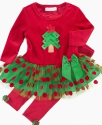 Bonnie Baby captures the Christmas spirit in this jolly and charming tutu dress with leggings. She'll be the cutest Santa's little helper. Bonnie Baby captures the Christmas spirit in this jolly and charming tutu dress with leggings. She'll be the cutest Santa's little helper.