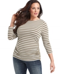 Zip up an on-trend look with MICHAEL Michael Kors' three-quarter sleeve plus size top, showcasing a striped pattern. Zip up an on-trend look with MICHAEL Michael Kors' three-quarter sleeve plus size top, showcasing a striped pattern.