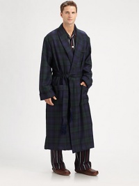 Start and end your day by lounging in this soothing, soft shawl collar robe woven in plaid-printed wool.Shawl collarTie beltChest, waist patch pocketsAbout 53 from shoulder to hemWoolDry cleanImported Start and end your day by lounging in this soothing, soft shawl collar robe woven in plaid-printed wool.Shawl collarTie beltChest, waist patch pocketsAbout 53 from shoulder to hemWoolDry cleanImported