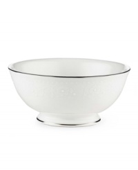 Beautiful and bridal-inspired, this white fruit bowl is richly textured with a delicate floral motif and raised, beaded accents. Finished with a band of polished platinum. Beautiful and bridal-inspired, this white fruit bowl is richly textured with a delicate floral motif and raised, beaded accents. Finished with a band of polished platinum.