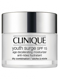 Decelerating Moisturizer for Dry Combination Skin. Leveraging Sirtuin technology, Clinique science uses youth-extending agents to create a daily moisturizer quite like a fountain of youth. Lines and wrinkles seem to evaporate, replaced by plump, vibrant skin alive with collagen and elastin. Skin gains strength over environmental agers. Looks younger, longer. 1.7 oz. Decelerating Moisturizer for Dry Combination Skin. Leveraging Sirtuin technology, Clinique science uses youth-extending agents to create a daily moisturizer quite like a fountain of youth. Lines and wrinkles seem to evaporate, replaced by plump, vibrant skin alive with collagen and elastin. Skin gains strength over environmental agers. Looks younger, longer. 1.7 oz.